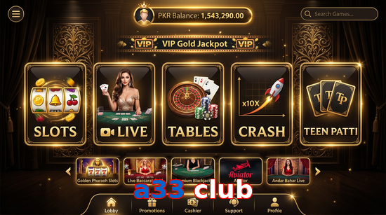 Main screen of A33 Club casino page for PK players